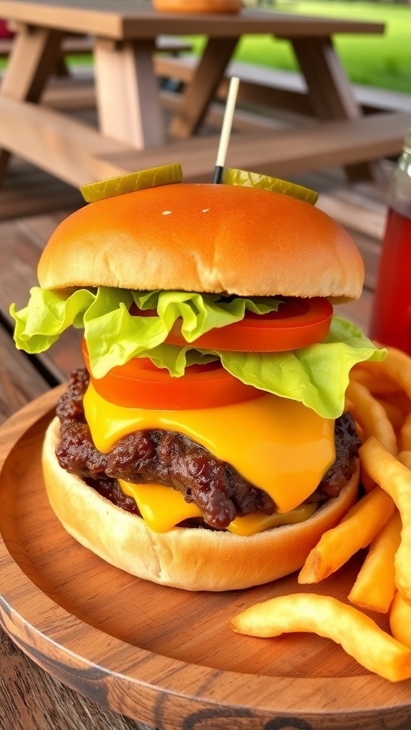Classic Cheeseburger Recipe A delicious cheeseburger with beef patty, cheese, lettuce, and tomato on a toasted bun, served with fries.